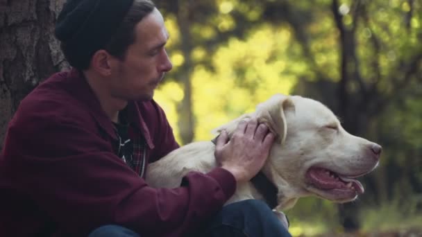 Hombre acariciando el perro en el parque de otoño — Vídeos de Stock