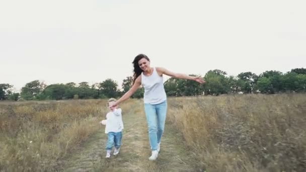Ibu bahagia dan anak kecil berjalan di lapangan musim gugur — Stok Video