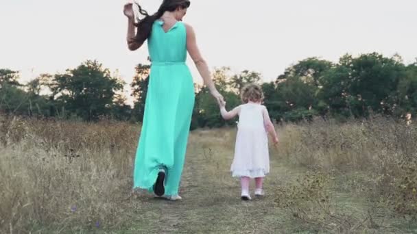 Madre e hija pequeña alejándose de la cámara en el campo de otoño — Vídeos de Stock