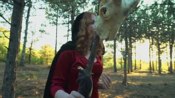 jeune femme habillée en sorcière regardant dans la forêt 