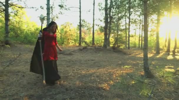 Red-haired young female dressed as a witch walking in forest — Stock Video