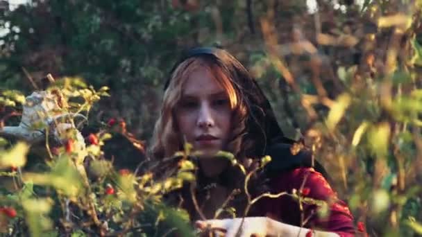 Red-haired young female dressed as a witch walking in forest — Stock Video