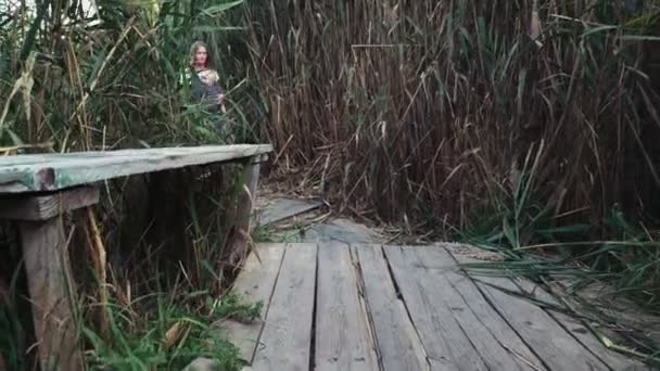 Mère portant un bébé en fronde jouer avec un chien husky — Video