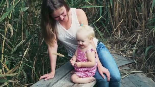 ホタルイに囲まれたベンチで遊ぶ母と赤ちゃんの女の子 — ストック動画