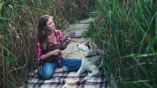 Giovane femmina che gioca sull'ukulele con un cane husky — Video Stock