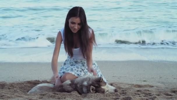 年轻女性爱抚说谎的赫斯基狗在沙滩上 — 图库视频影像
