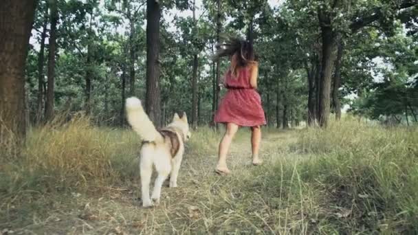 Joven mujer y su perro correr en un bosque camino cámara lenta — Vídeo de stock