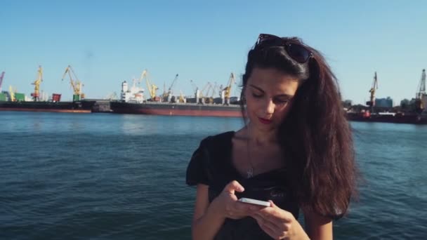 Elegante negócio senhora mensagens de texto uma mensagem no telefone no porto — Vídeo de Stock