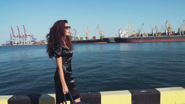 Elegante dame wandelingen langs de zeehaven slow motion — Stockvideo