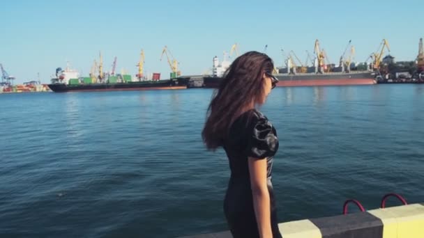 Elegante dame wandelingen langs de zeehaven slow motion — Stockvideo