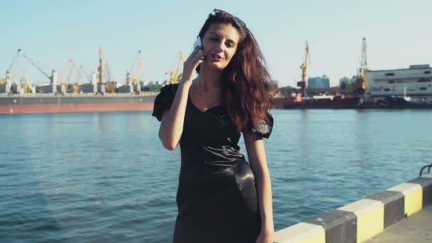 Елегантна бізнес-леді говорить по телефону в морському порту повільний рух — стокове відео