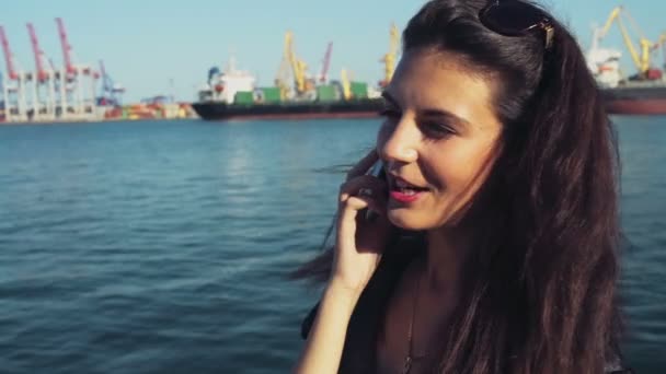 Elegáns üzleti hölgy beszél a telefonon, a seaport lassítva — Stock videók