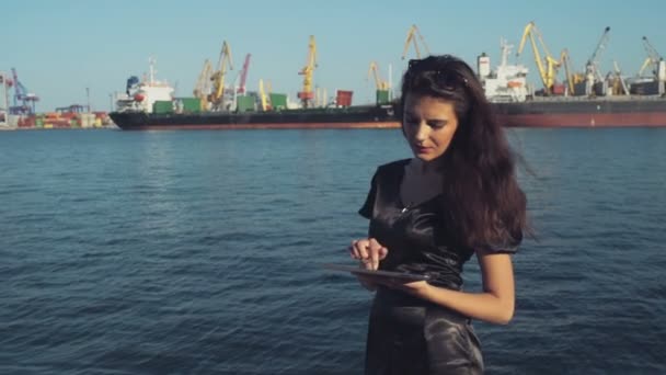 Elegante zakenvrouw een tablet pc gebruikt in de zeehaven slow motion — Stockvideo