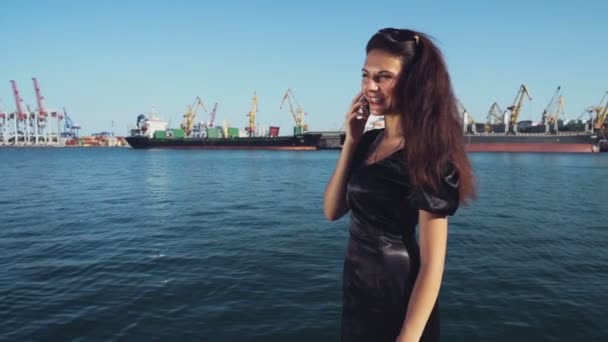 Elegáns üzleti hölgy beszél a telefonon, a seaport lassítva — Stock videók