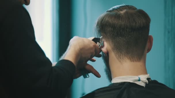 Kapper snijdt de haren van de client met clipper — Stockvideo