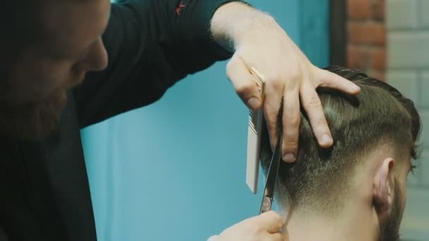 Barbiere taglia i capelli del cliente con le forbici — Video Stock