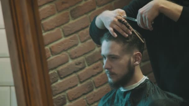 29 Barbiere taglia i capelli del cliente con le forbici a specchio — Video Stock