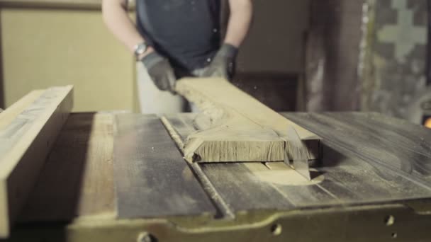 Joiner gesneden een houten plank met cirkelzaag slow motion — Stockvideo