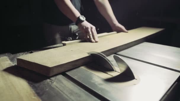 Marceneiro cortar uma prancha de madeira com Serra circular câmera lenta — Vídeo de Stock