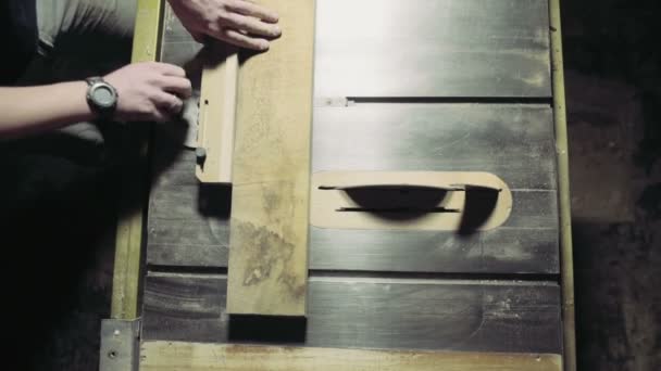 Marceneiro cortar uma prancha de madeira com Serra circular câmera lenta — Vídeo de Stock