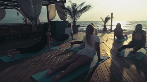 Група жінок, що практикують йогу на пляжі повільний рух — стокове відео