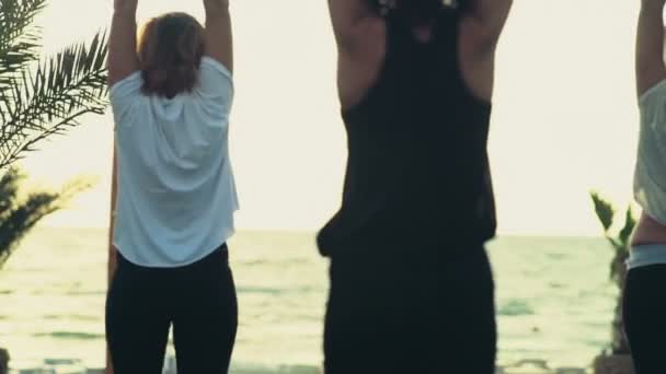 Grupo de mujeres practicando yoga en la playa cámara lenta — Vídeos de Stock