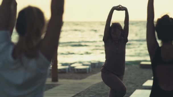Grupp kvinnor som utövar yoga på stranden slow motion — Stockvideo