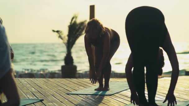 Grupp kvinnor som utövar yoga på stranden slow motion — Stockvideo