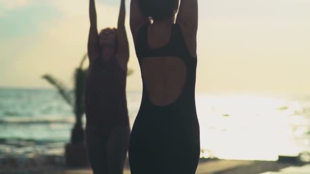 Дві жінки, що медитують на пляжі повільний рух — стокове відео