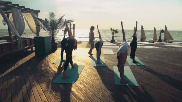 Groep vrouwen beoefenen van yoga op het strand slow motion — Stockvideo