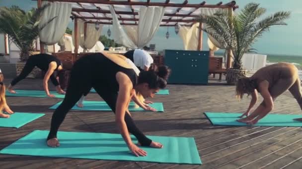 Grupo de mujeres practicando yoga en la playa cámara lenta — Vídeos de Stock