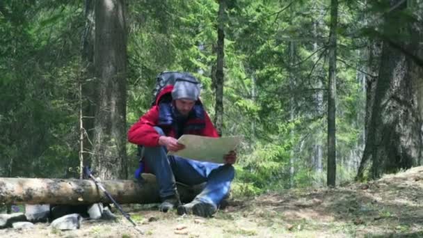 Excursionista viendo el mapa en el bosque — Vídeos de Stock