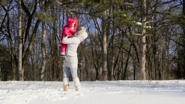 Mãe e filha andando no parque em um dia ensolarado de inverno — Vídeo de Stock