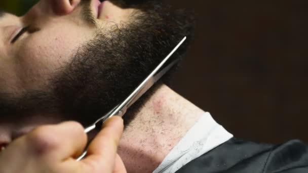 Peluquero corta el pelo de la barba del cliente con tijeras cámara lenta de cerca — Vídeos de Stock