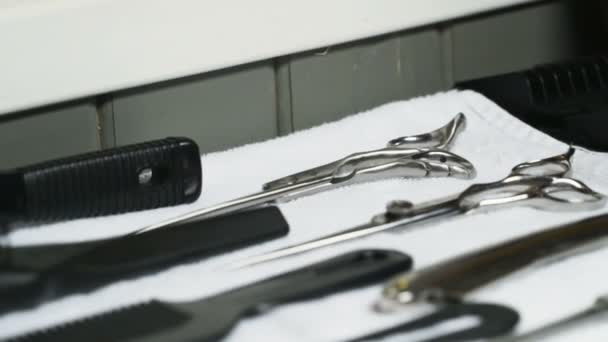 Парикмахер берет ножницы из полной доски инструмент замедленного движения — стоковое видео