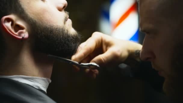 Peluquero corta el pelo de la barba del cliente con tijeras cámara lenta de cerca — Vídeo de stock