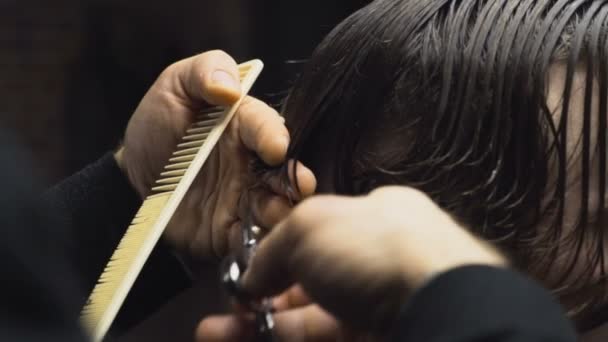 Kapper knipt de natte haren van de klant met een schaar slowmotion close-up — Stockvideo