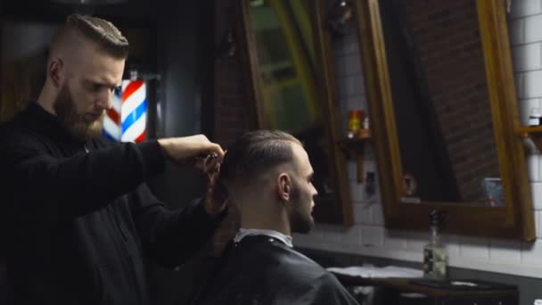 Парикмахер стрижет мокрые волосы клиента ножницами замедленной съемки — стоковое видео