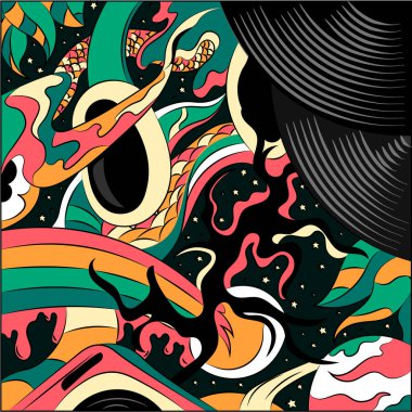 Müziğin temasında soyut vektör çizimi. Sürrealistik arkaplan resmi.