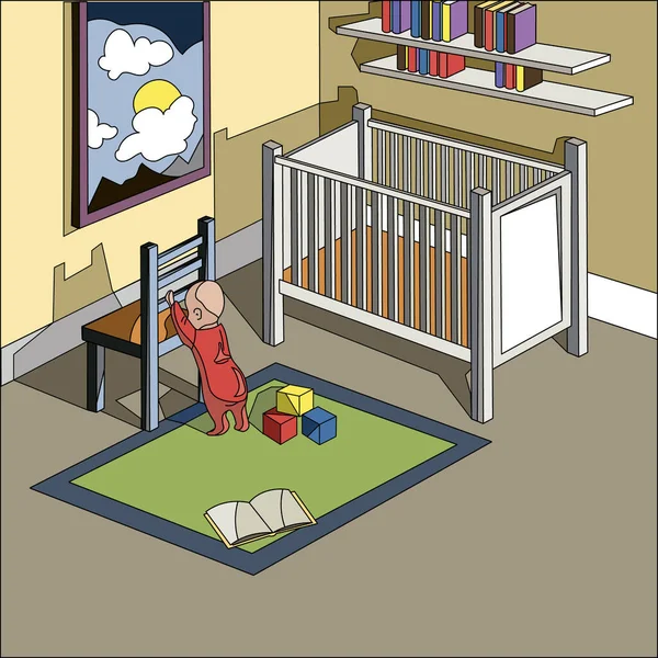 儿童房和一个小孩 儿童的说明 儿童房间的内部等高线 — 图库矢量图片