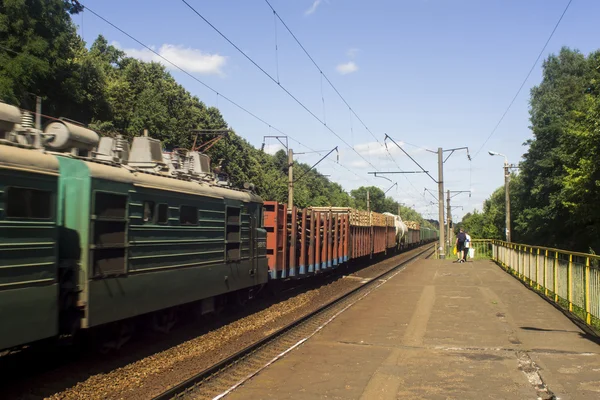 Vista panorámica del tren mixto de mercancías dentro del paisaje rural —  Fotos de Stock