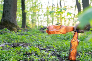 Adamın eli ormanda çöp topluyor, elinde de kirli bir şişe.