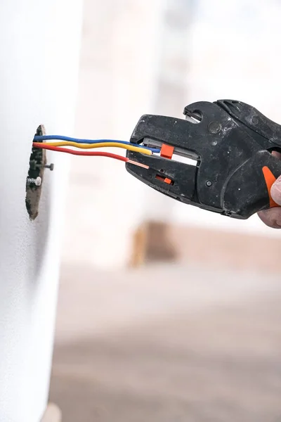 Electrician Monitors Wires Sockets Close Tools — Stock Photo, Image