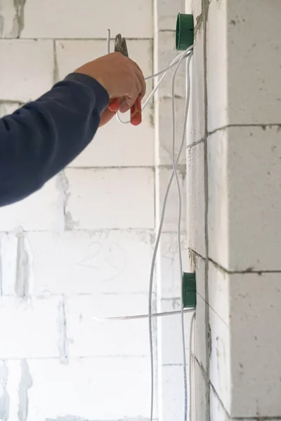 Worker Installing Plastic Electrical Box Wall — Stock Photo, Image