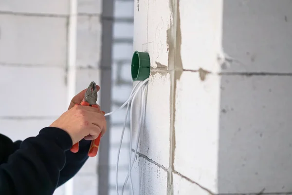 Worker Installing Plastic Electrical Box Wall — Stock Photo, Image