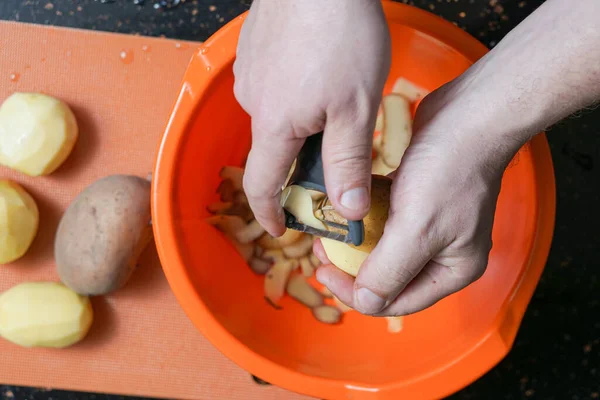 One Potato Peeled Kitchen Knife — Stock Photo, Image