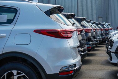 New cars stand in the parking lot of the warehouse, view from the rear of the cars