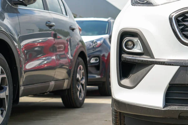 New Cars Stand Parking Lot Warehouse View Front Cars — Fotografia de Stock