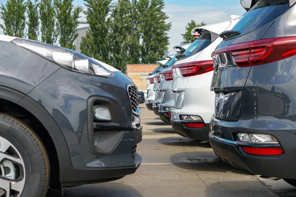 New Cars Stand Parking Lot Warehouse View Front Cars — Stockfoto