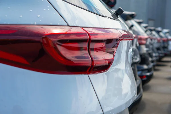 Neuwagen Stehen Auf Dem Parkplatz Der Lagerhalle Blick Von Hinten — Stockfoto